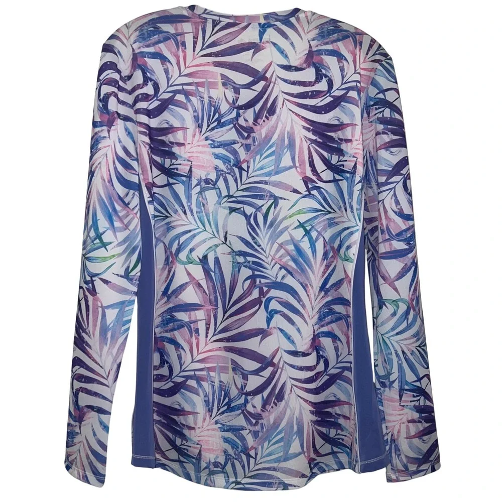 Reel Legends Womens Large Rashguard Zip Front‎ Long Sleeve Tropical Palm Print